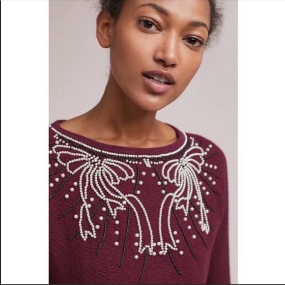 Anthropologie Field Flower pearled bow sweater XS NWT - Picture 4 of 5